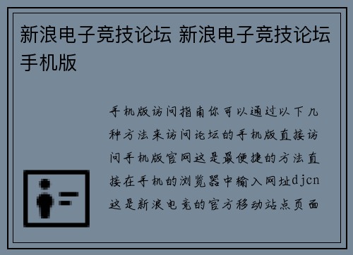 新浪电子竞技论坛 新浪电子竞技论坛手机版